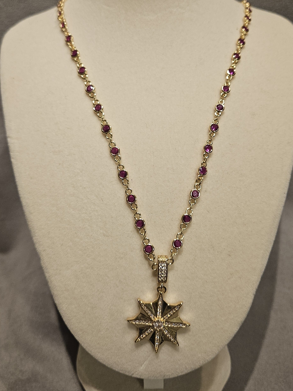 Gold Starburst Pendant Necklace with Burgundy Stones - Women Jewelry